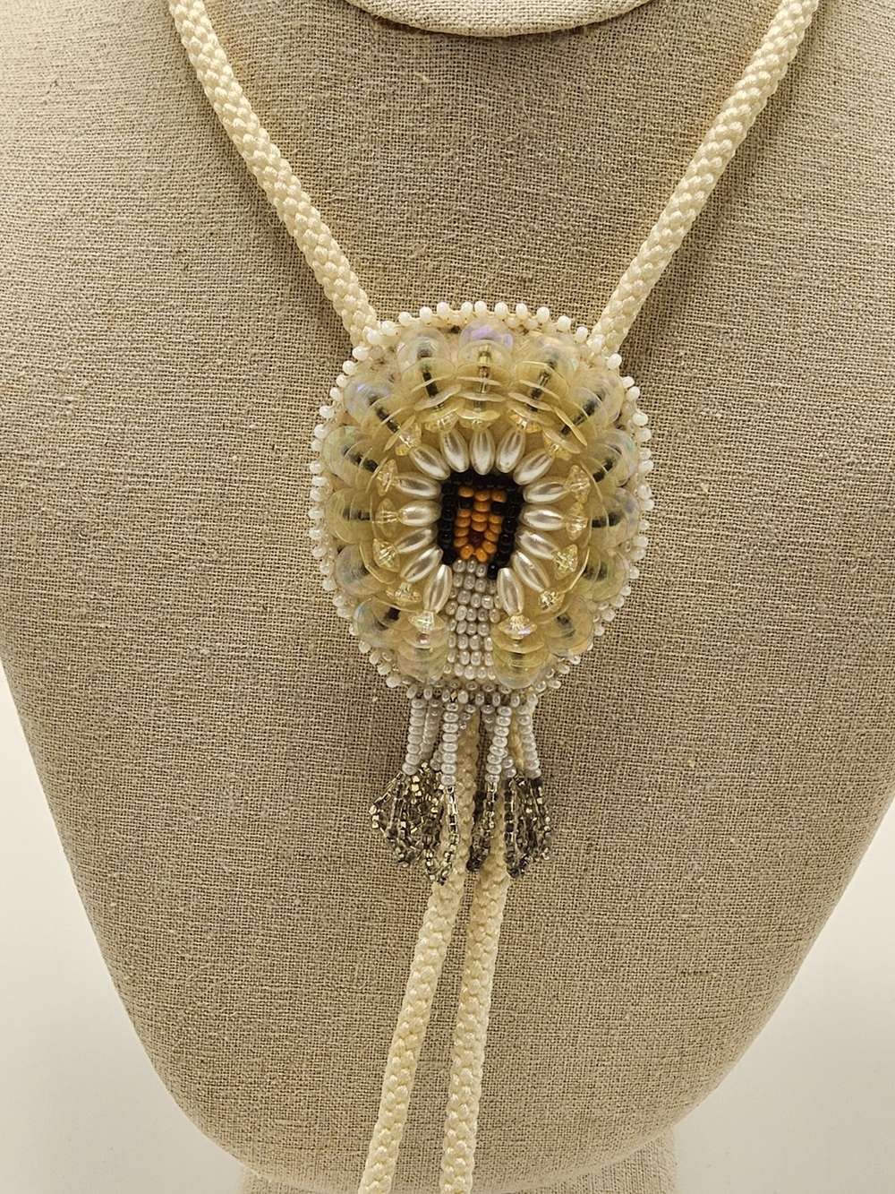 Vintage Hand-Beaded Off-White & Iridescent Bolo Tie Necklace